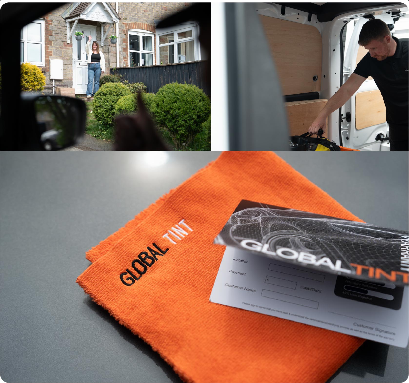 A Global Tint warranty card and cleaning cloth