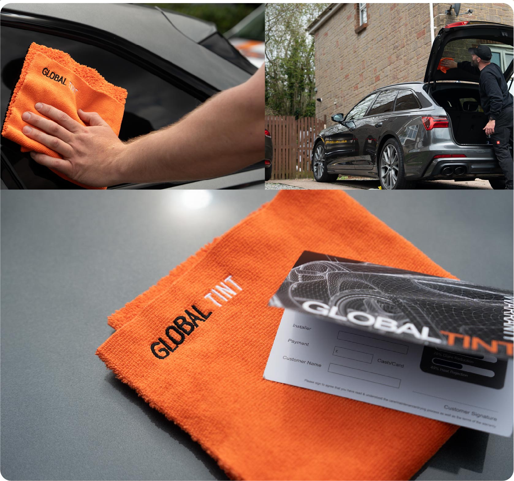 A Global Tint warranty card and cleaning cloth