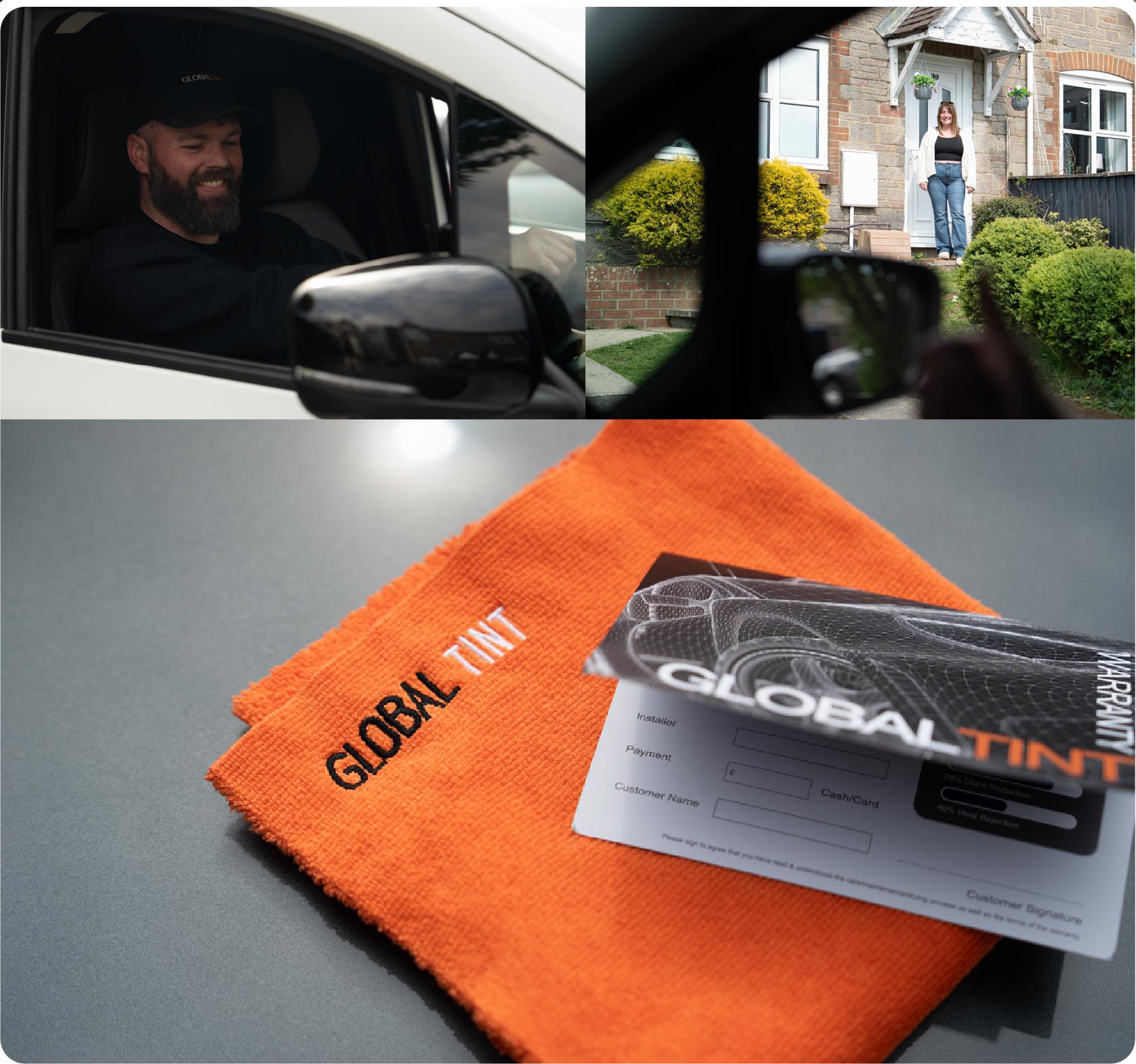 A Global Tint warranty card and cleaning cloth