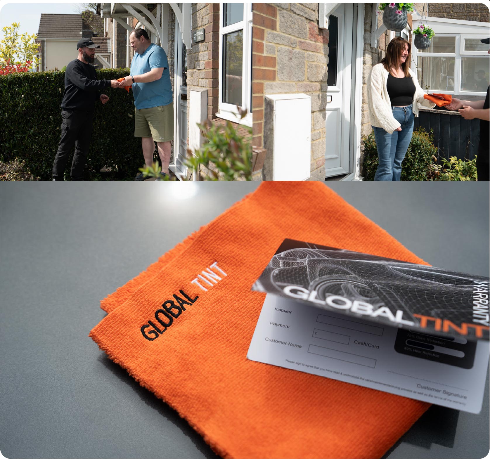 A Global Tint warranty card and cleaning cloth