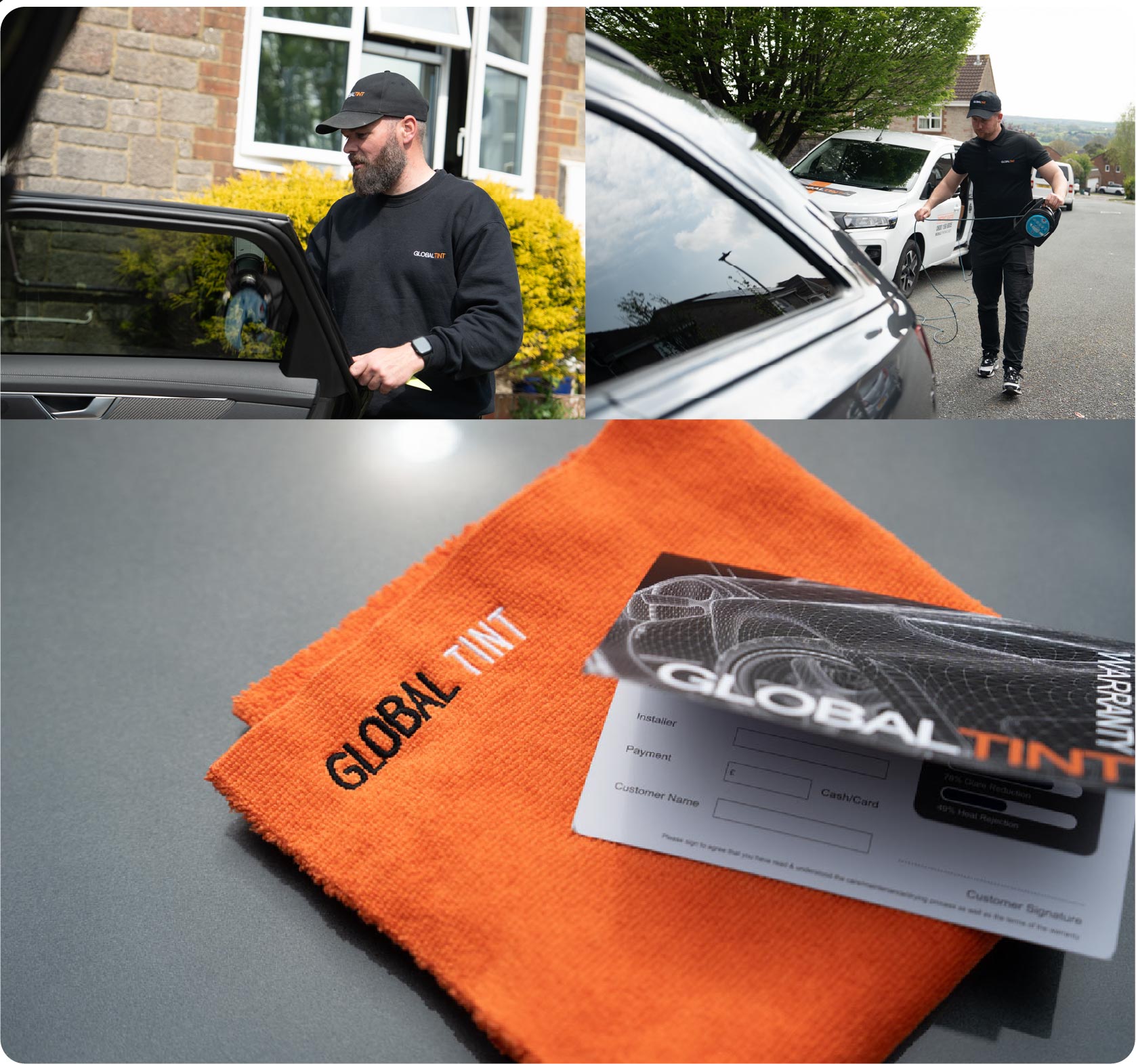 A Global Tint warranty card and cleaning cloth