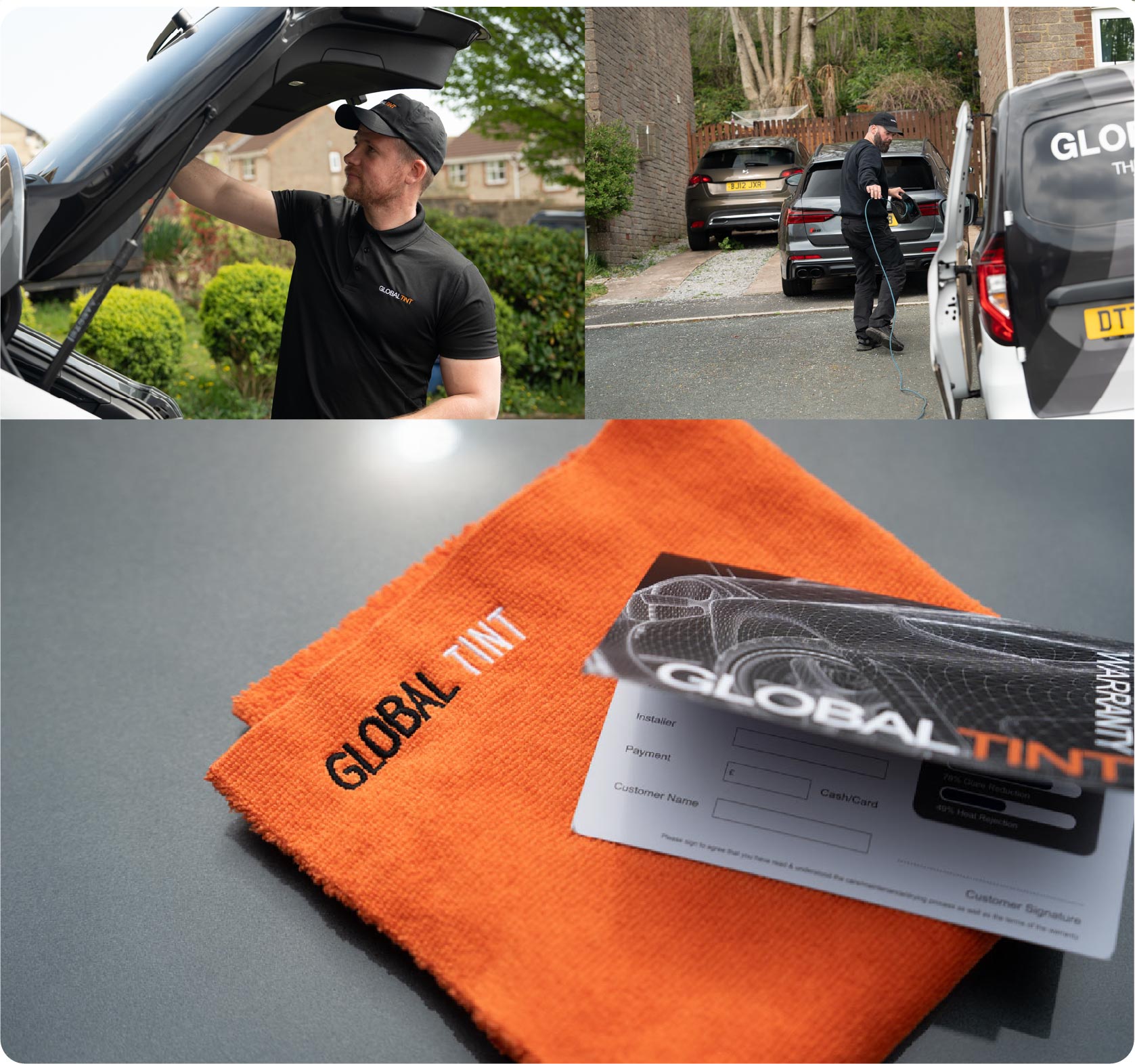 A Global Tint warranty card and cleaning cloth