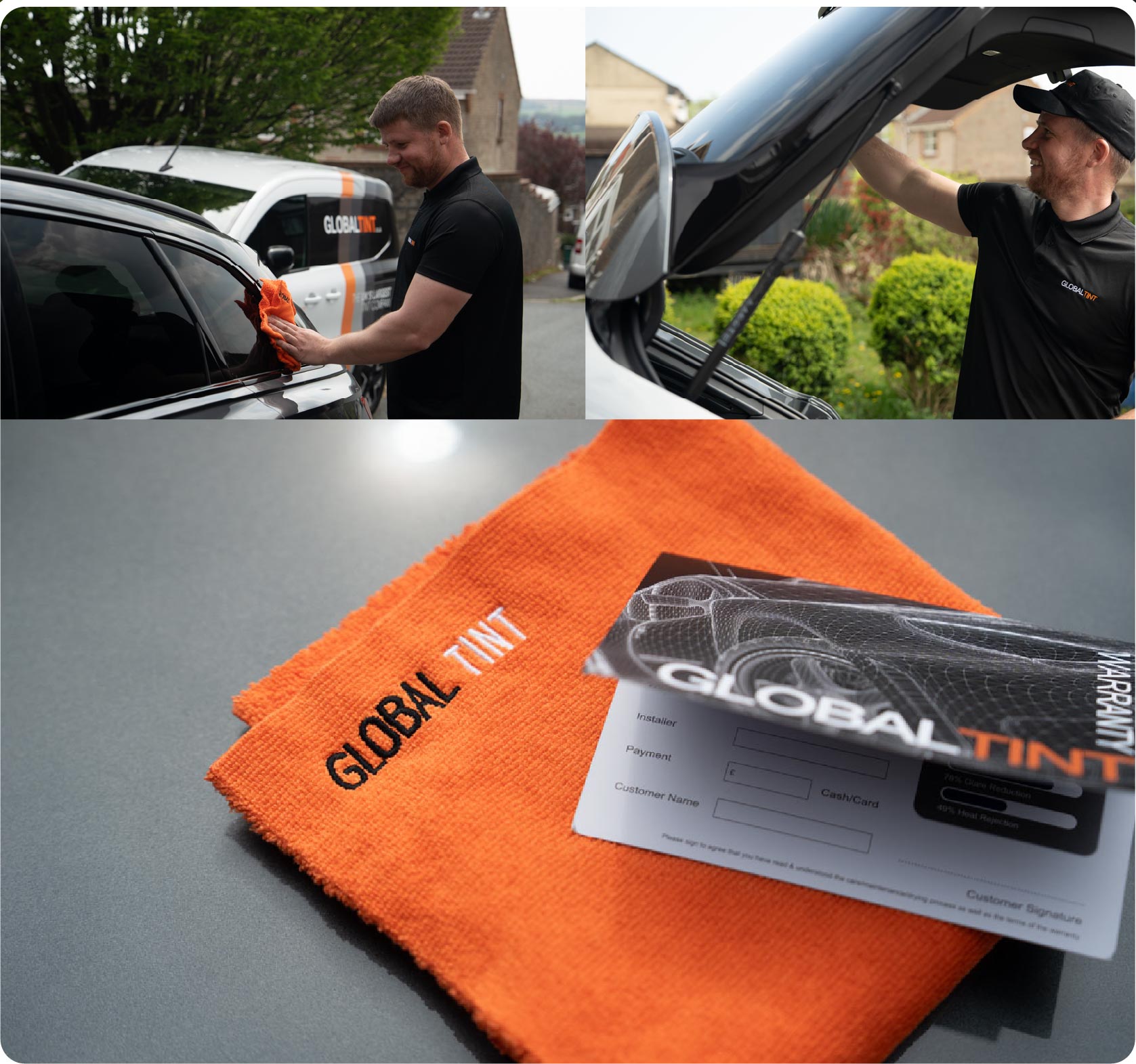 A Global Tint warranty card and cleaning cloth