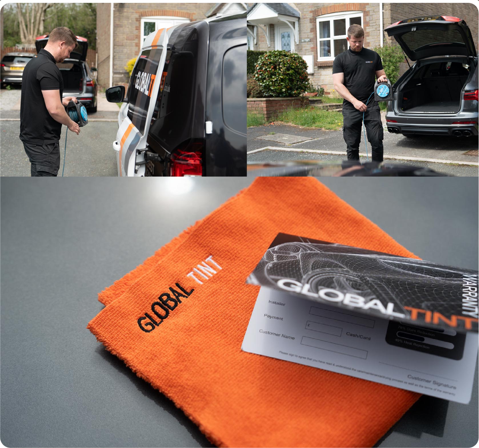 A Global Tint warranty card and cleaning cloth