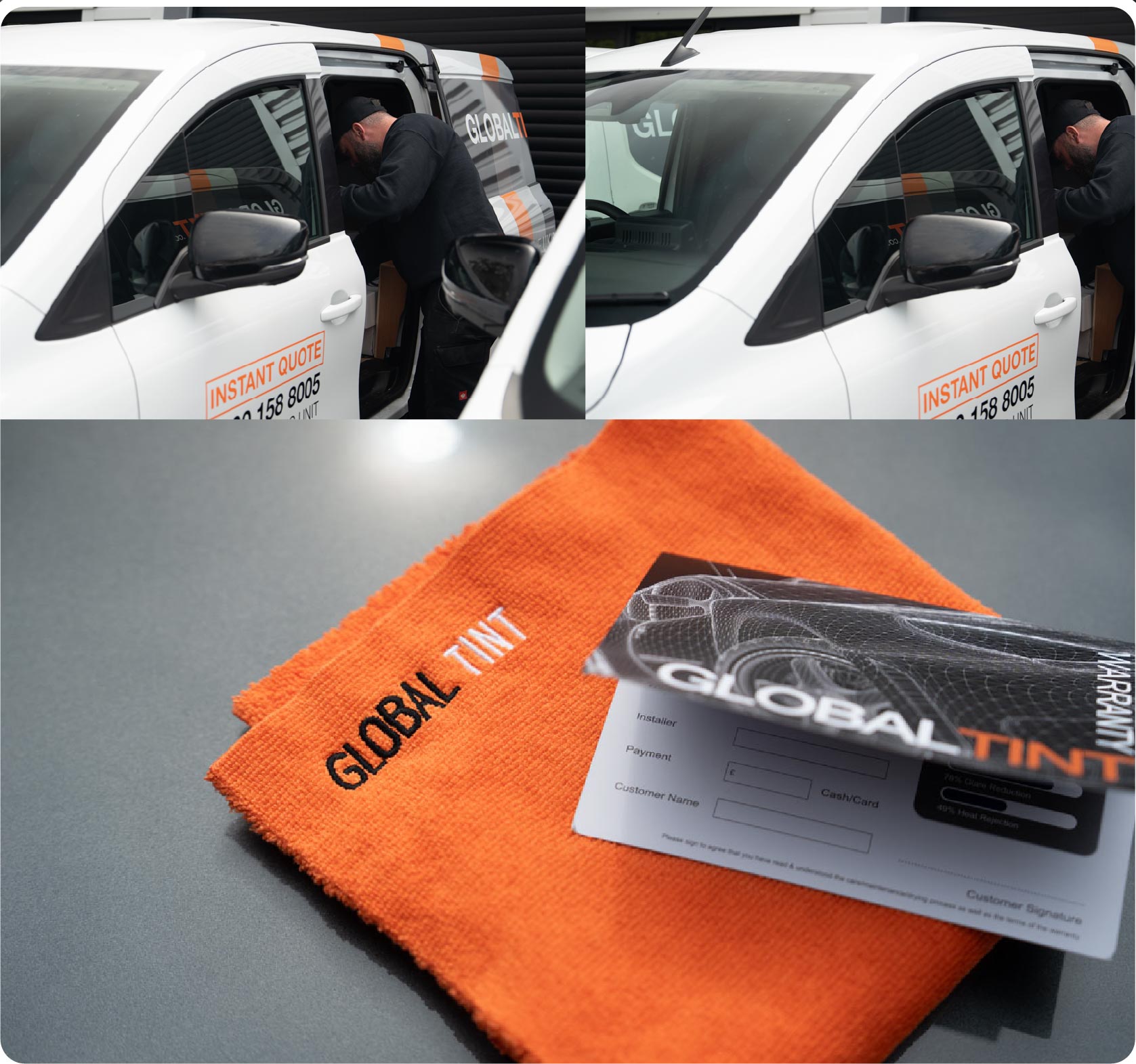 A Global Tint warranty card and cleaning cloth