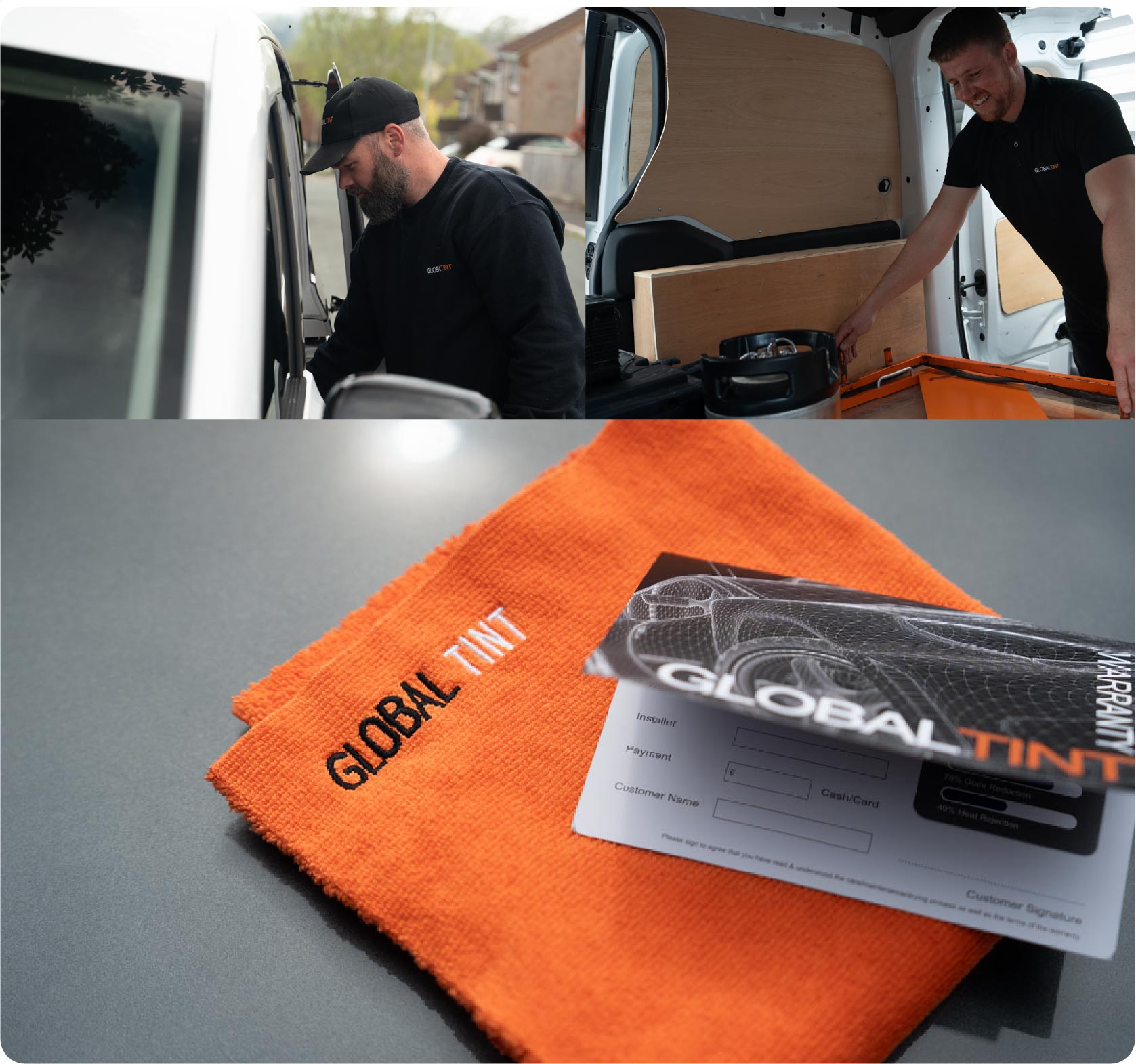 A Global Tint warranty card and cleaning cloth
