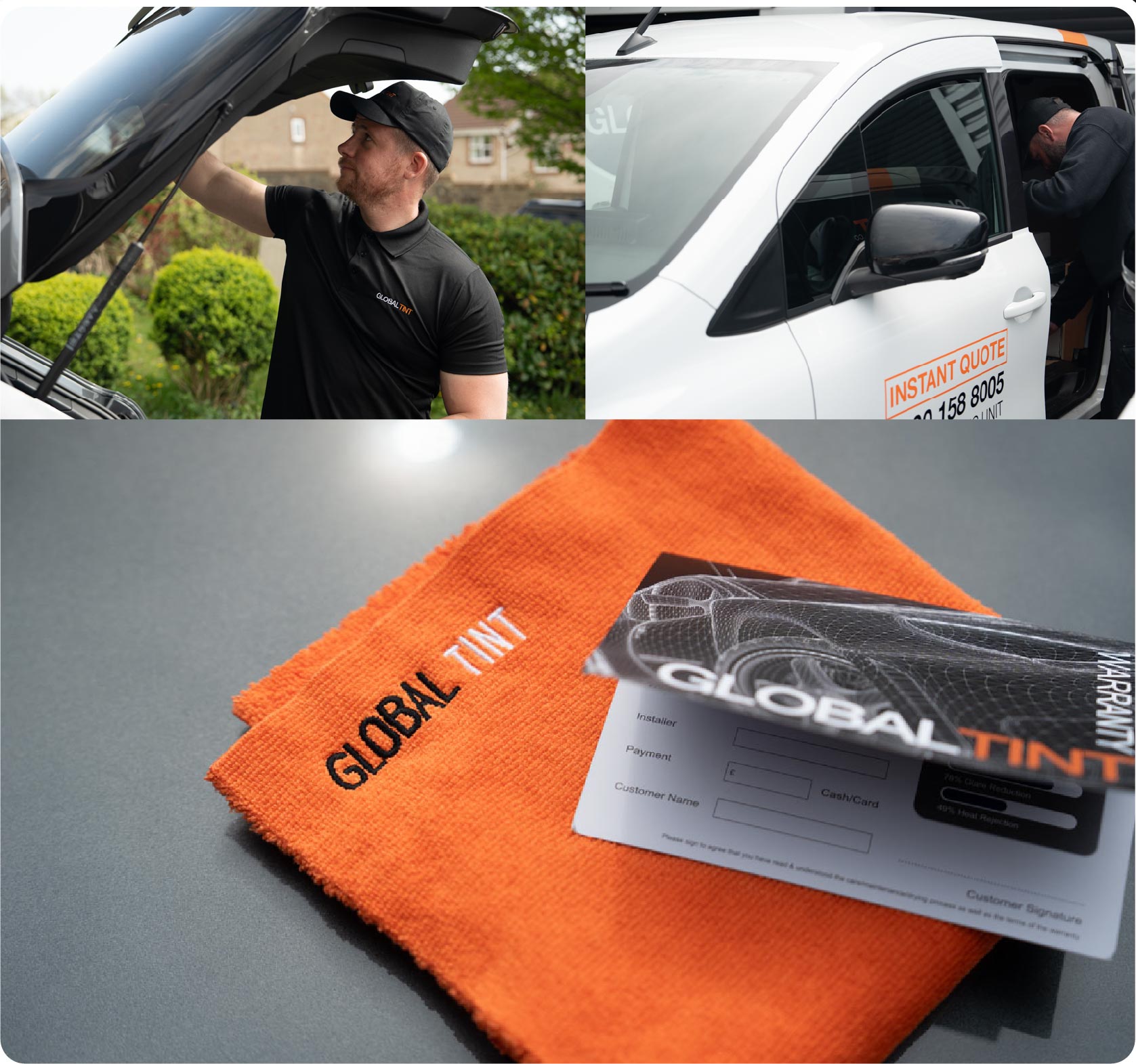 A Global Tint warranty card and cleaning cloth