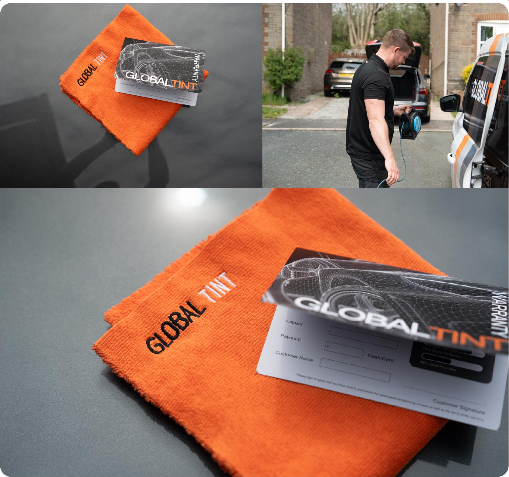 A Global Tint warranty card and cleaning cloth
