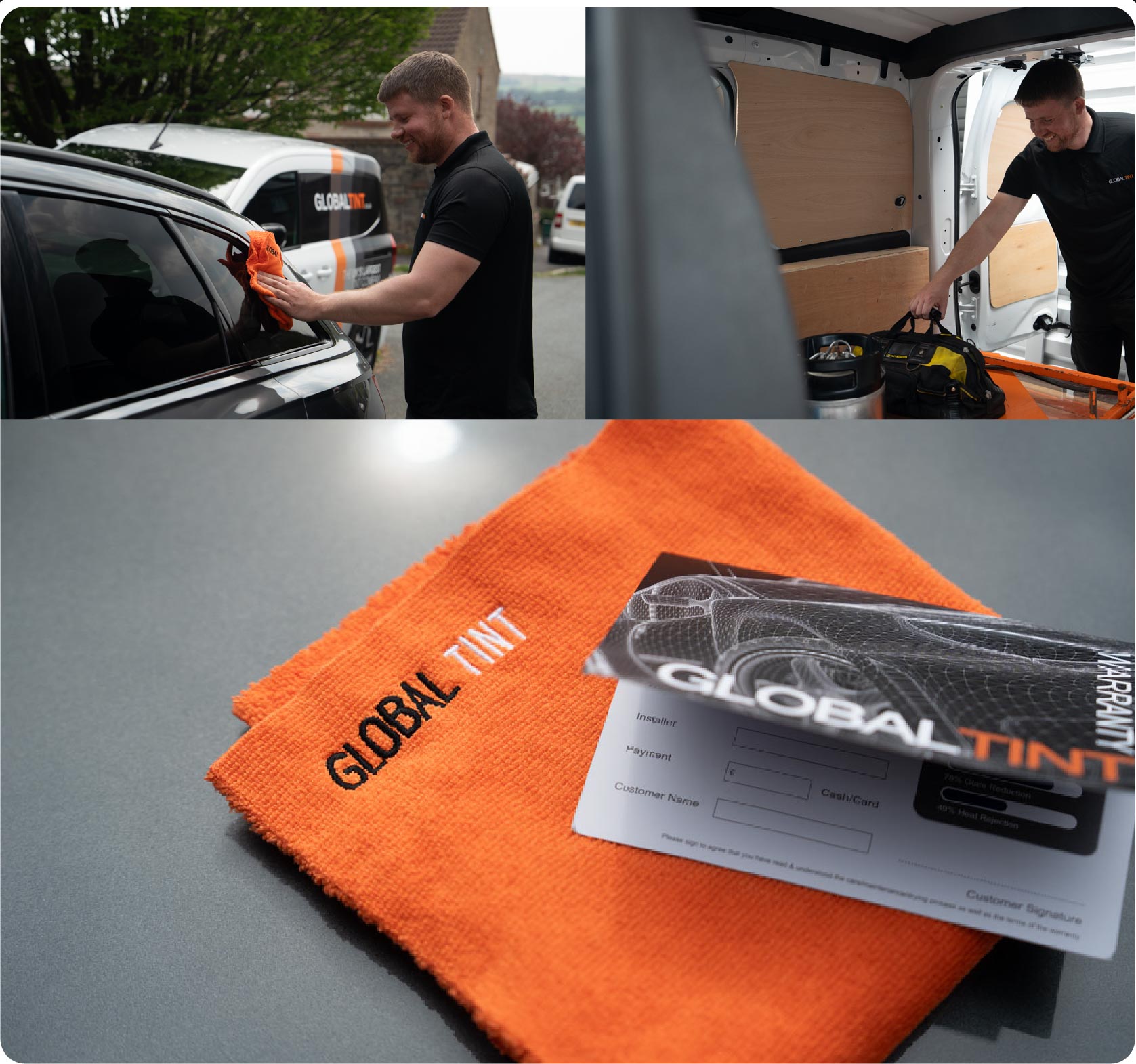 A Global Tint warranty card and cleaning cloth