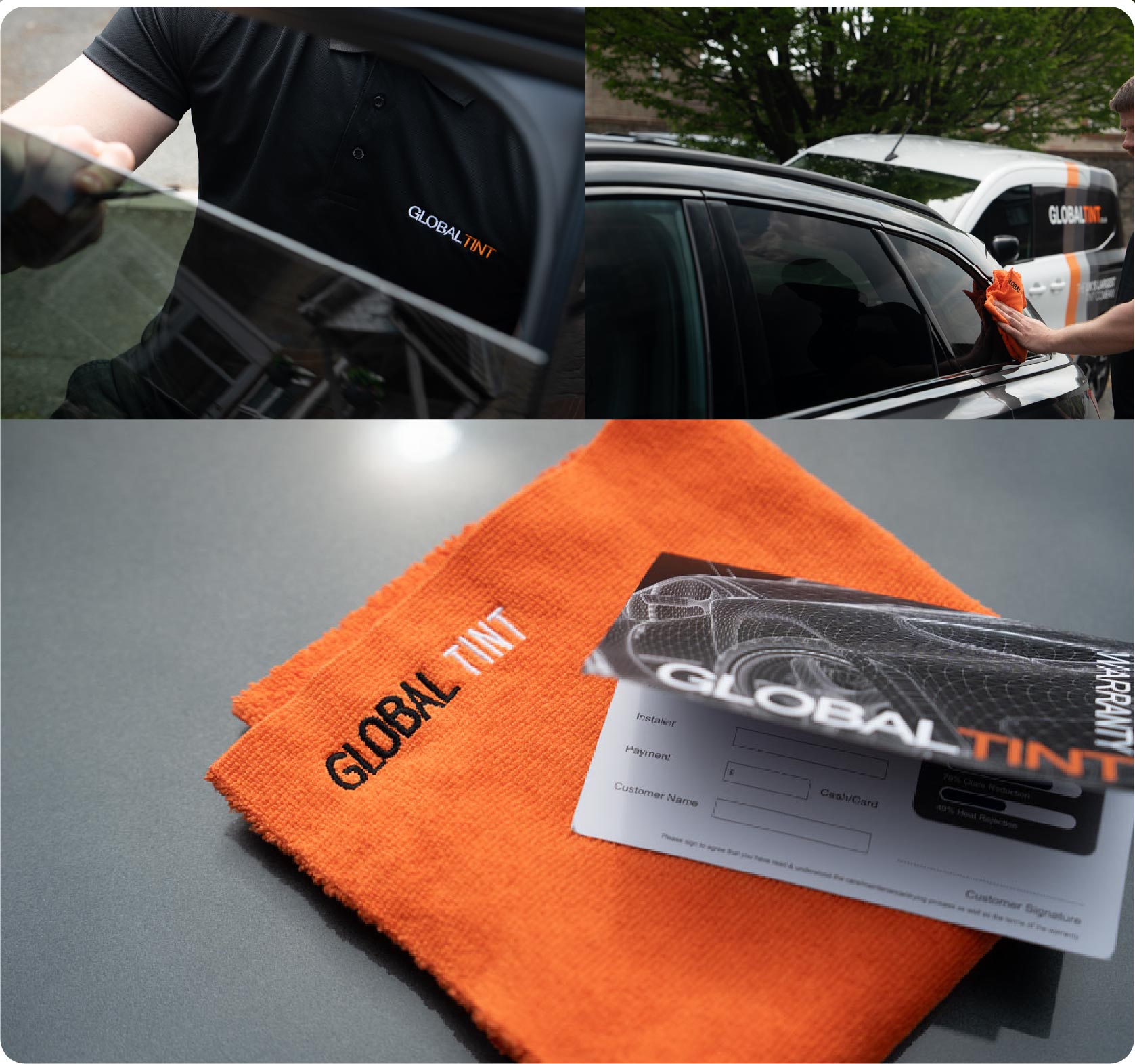 A Global Tint warranty card and cleaning cloth