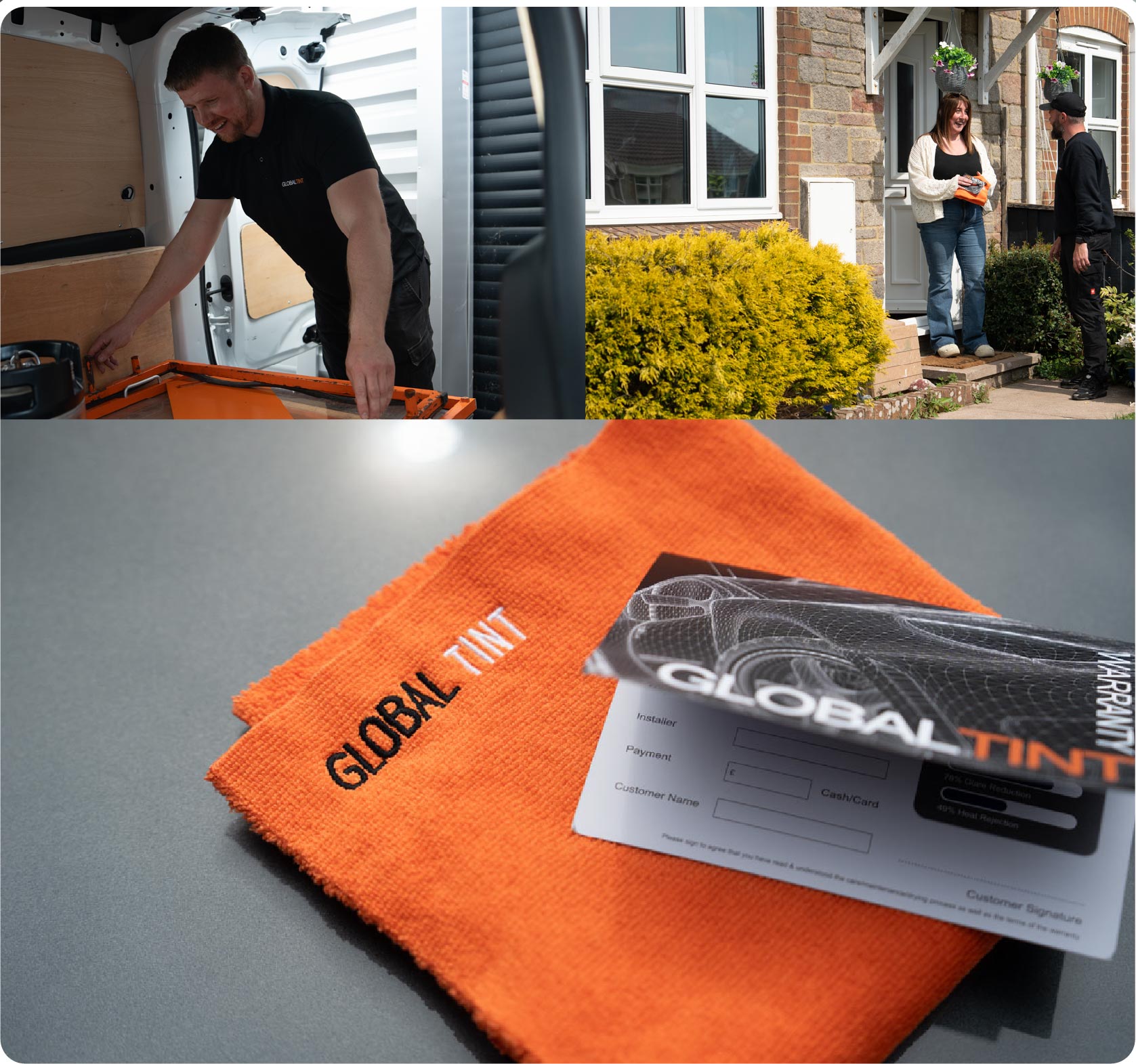 A Global Tint warranty card and cleaning cloth