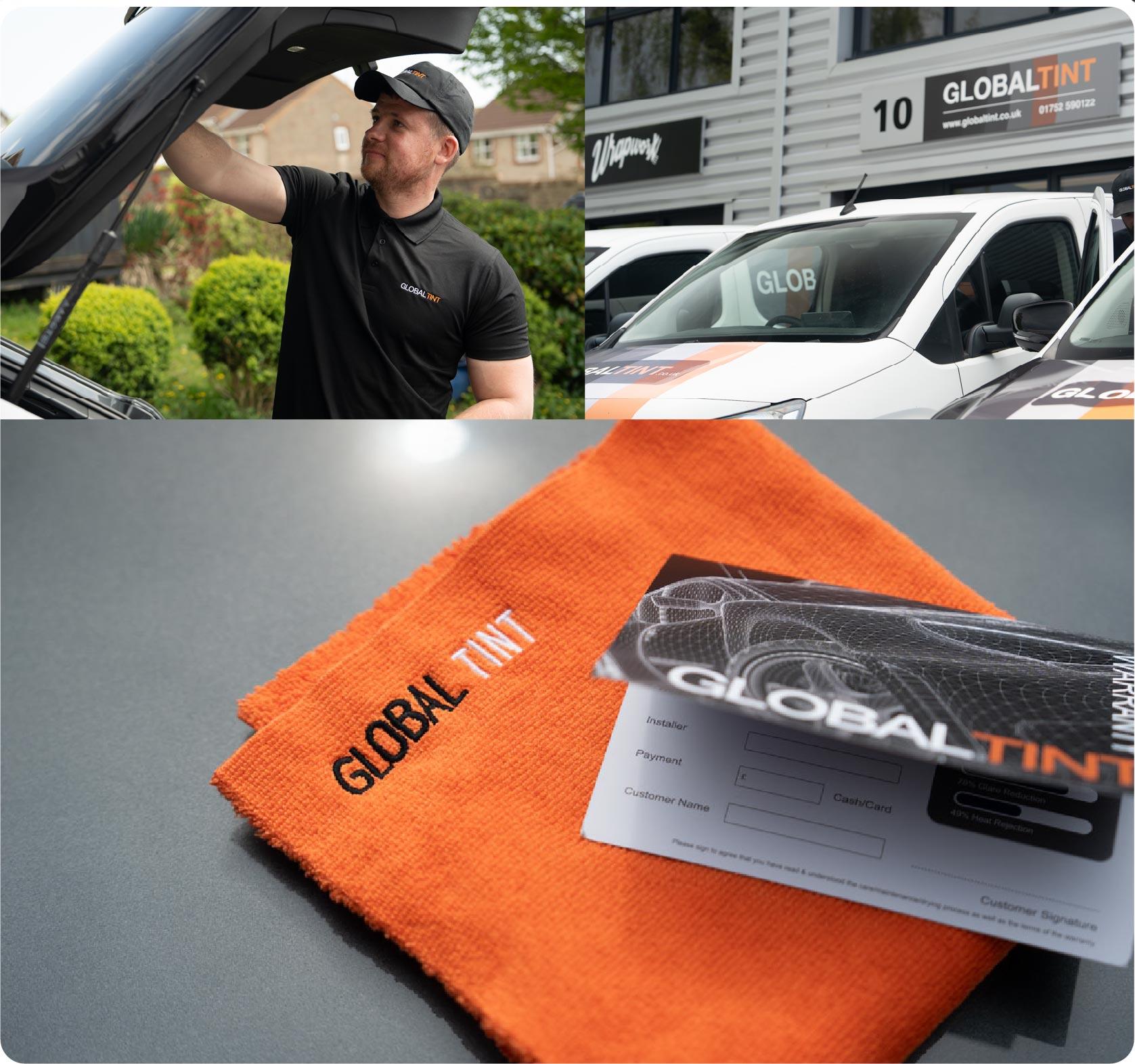 A Global Tint warranty card and cleaning cloth