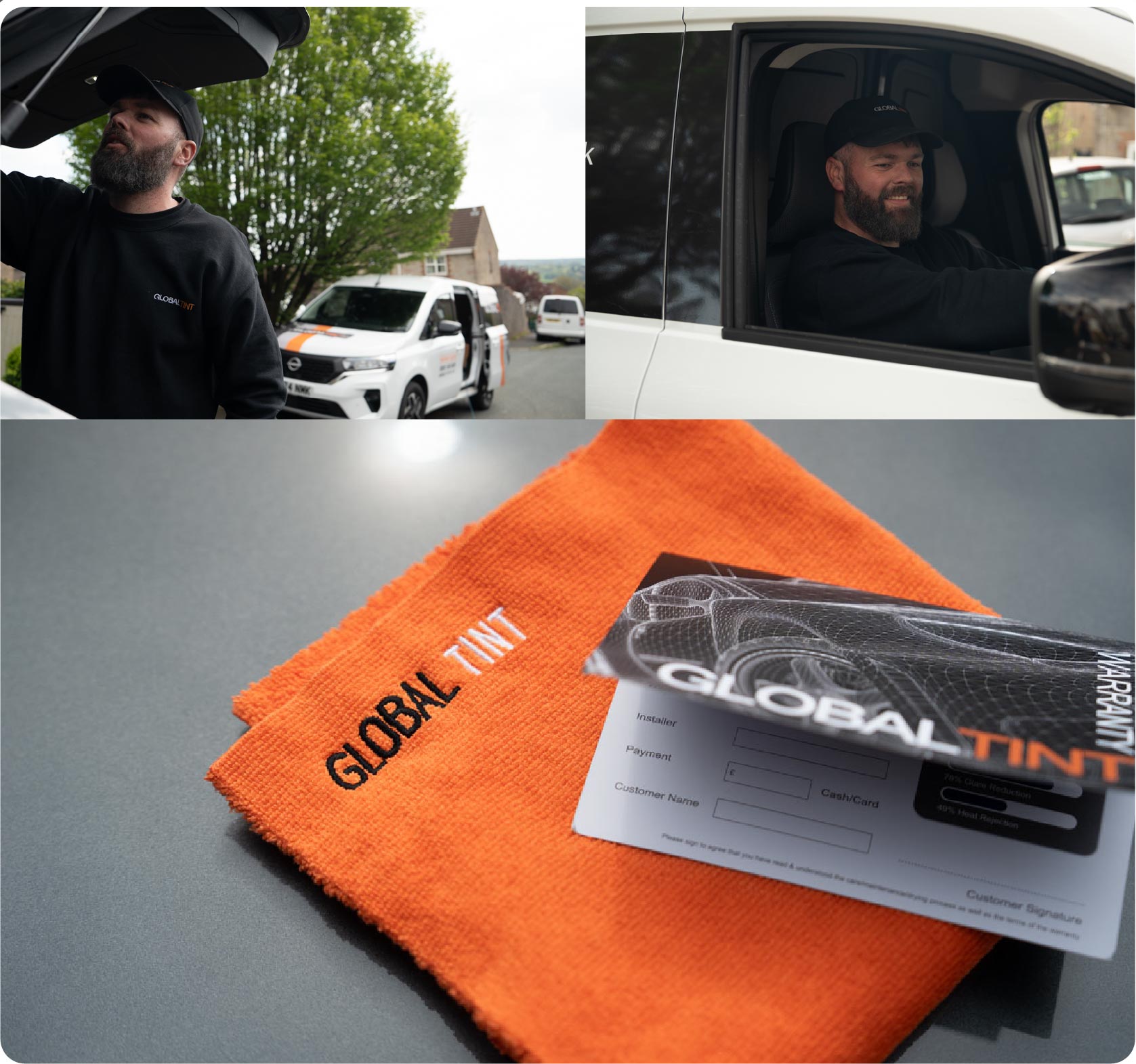 A Global Tint warranty card and cleaning cloth