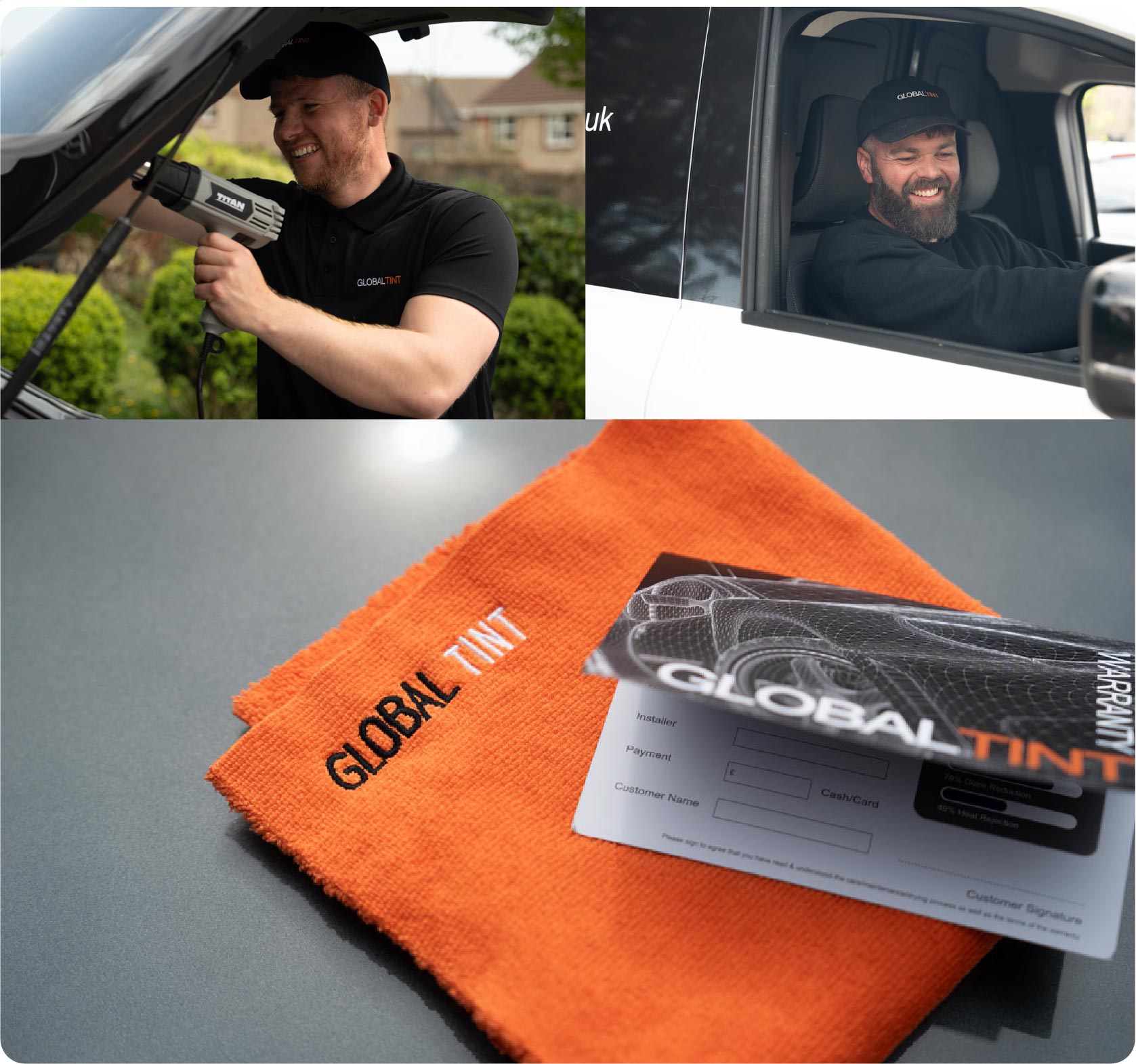 A Global Tint warranty card and cleaning cloth