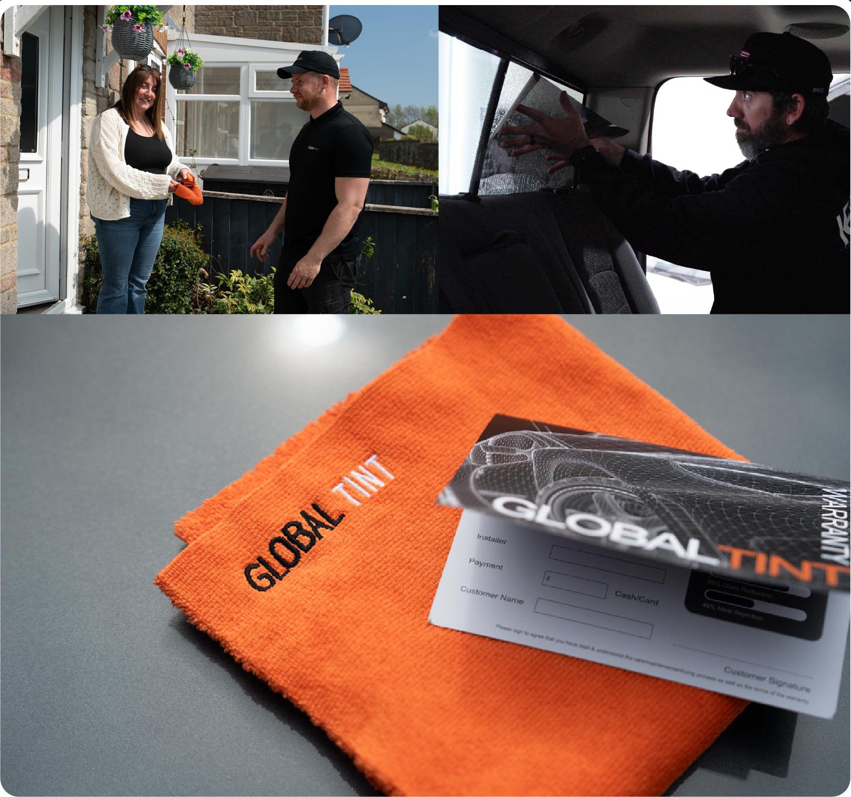 A Global Tint warranty card and cleaning cloth