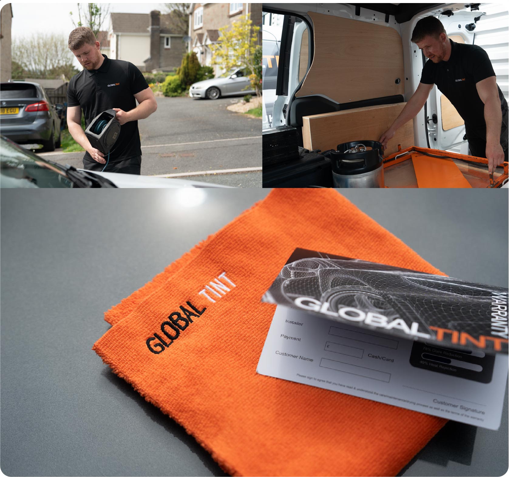 A Global Tint warranty card and cleaning cloth