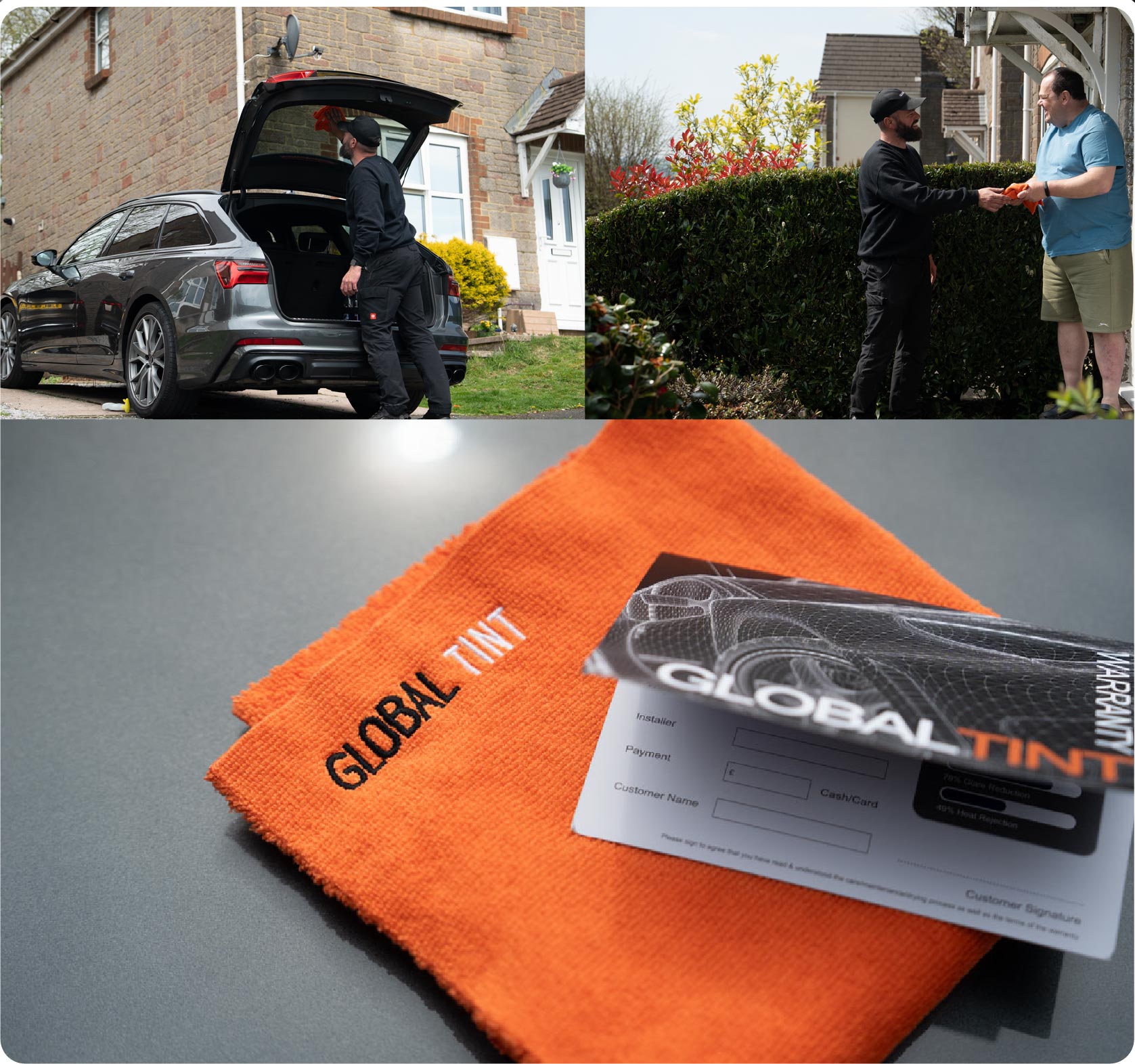 A Global Tint warranty card and cleaning cloth