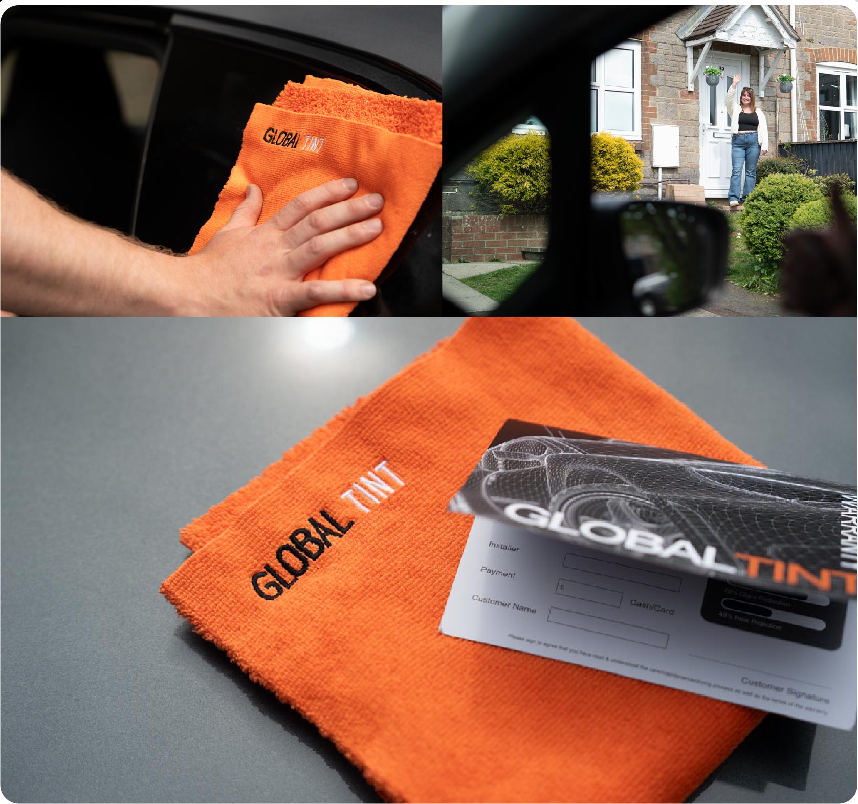 A Global Tint warranty card and cleaning cloth