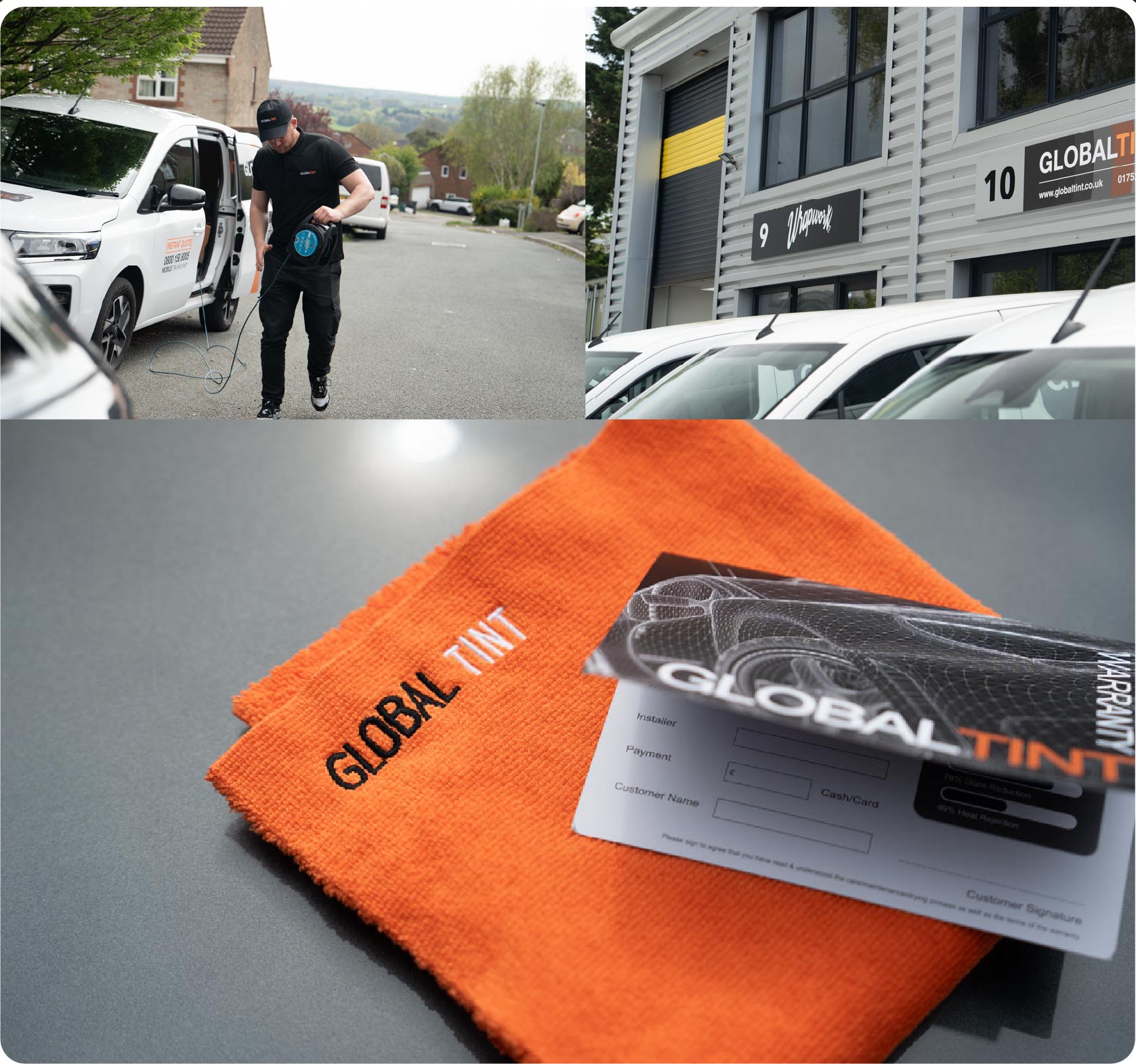 A Global Tint warranty card and cleaning cloth