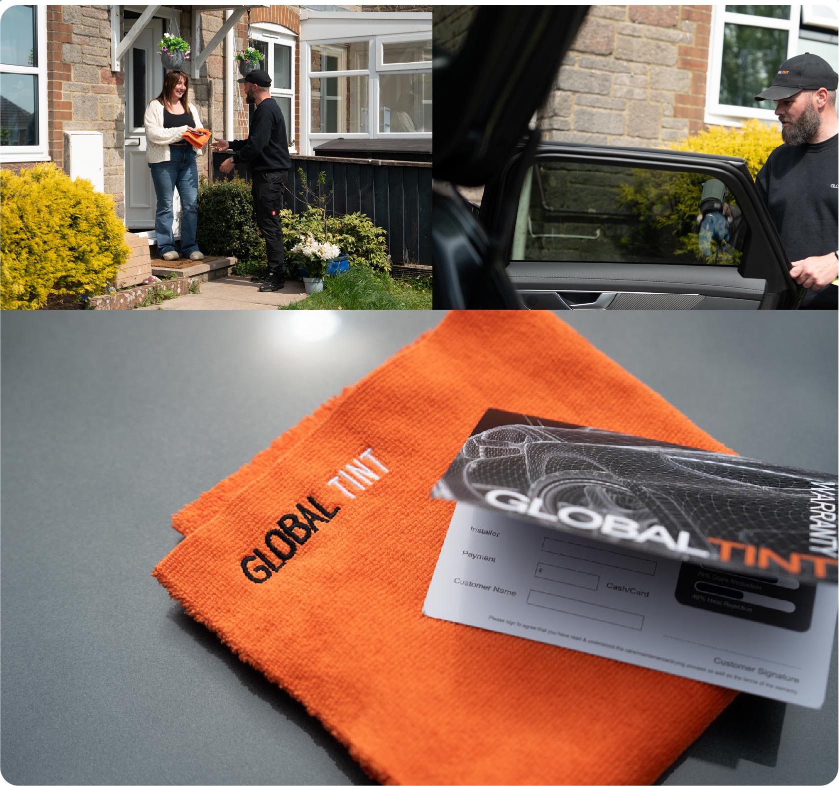 A Global Tint warranty card and cleaning cloth
