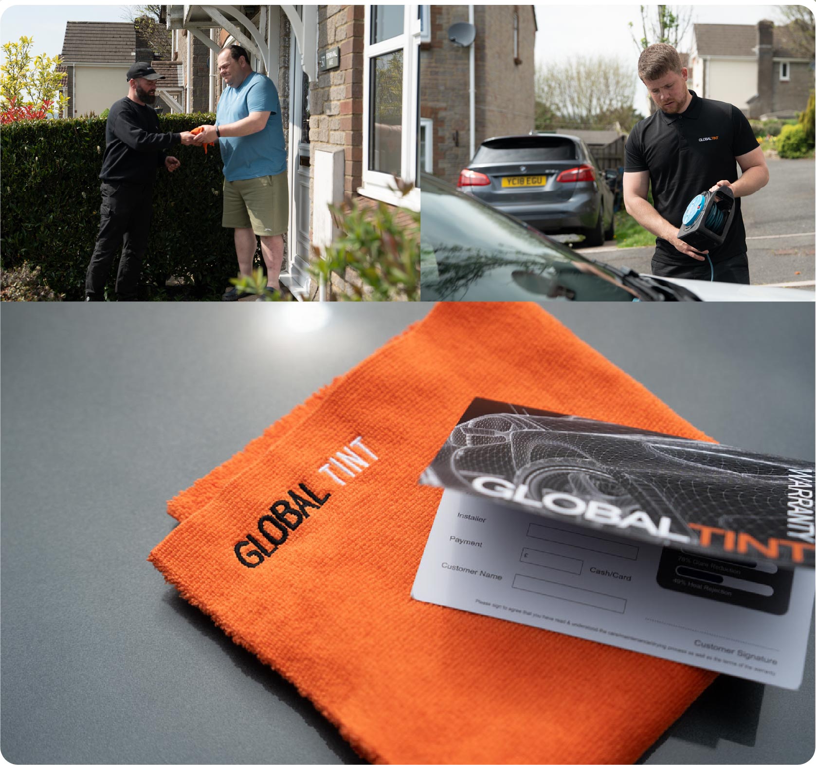 A Global Tint warranty card and cleaning cloth
