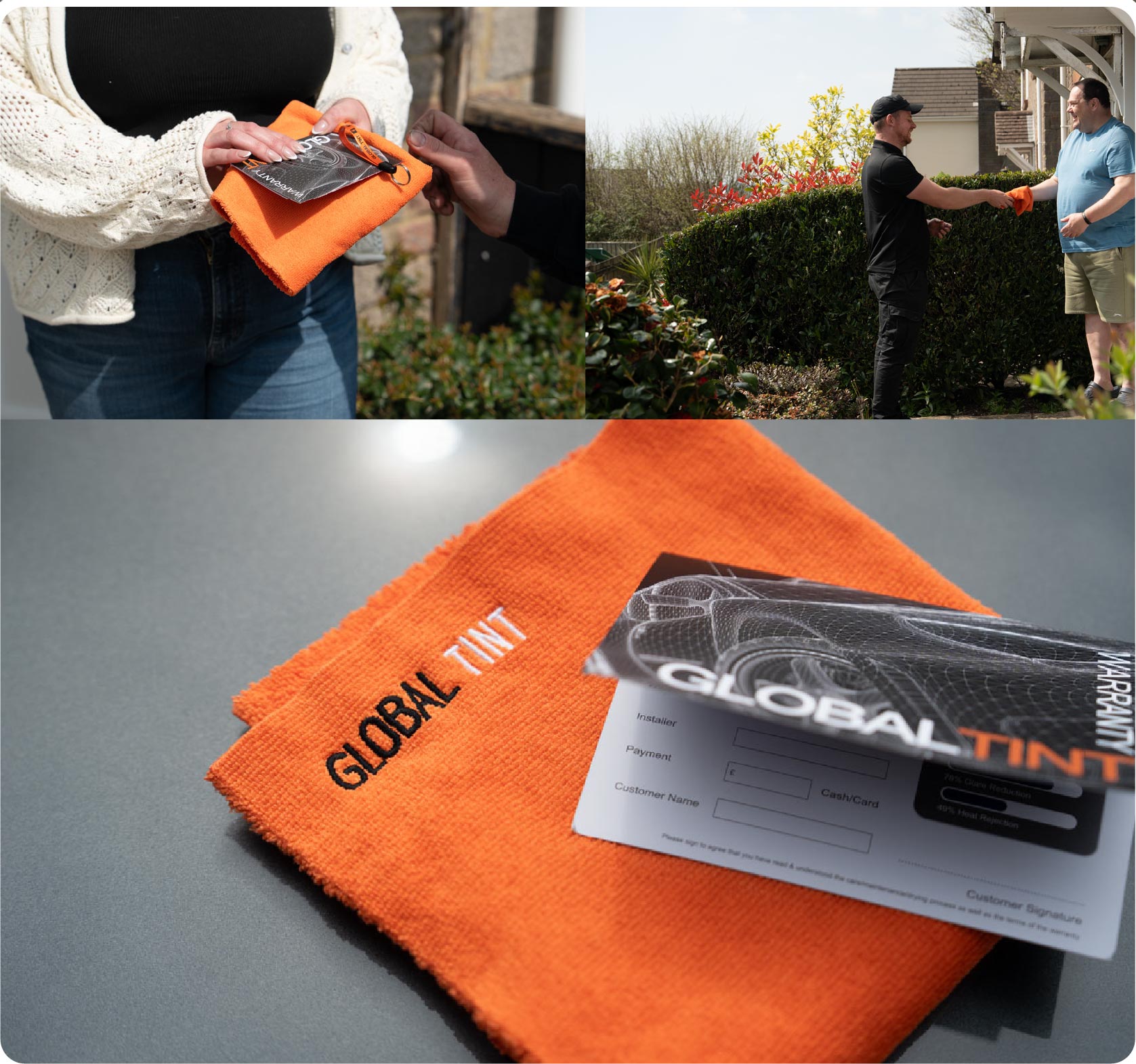 A Global Tint warranty card and cleaning cloth