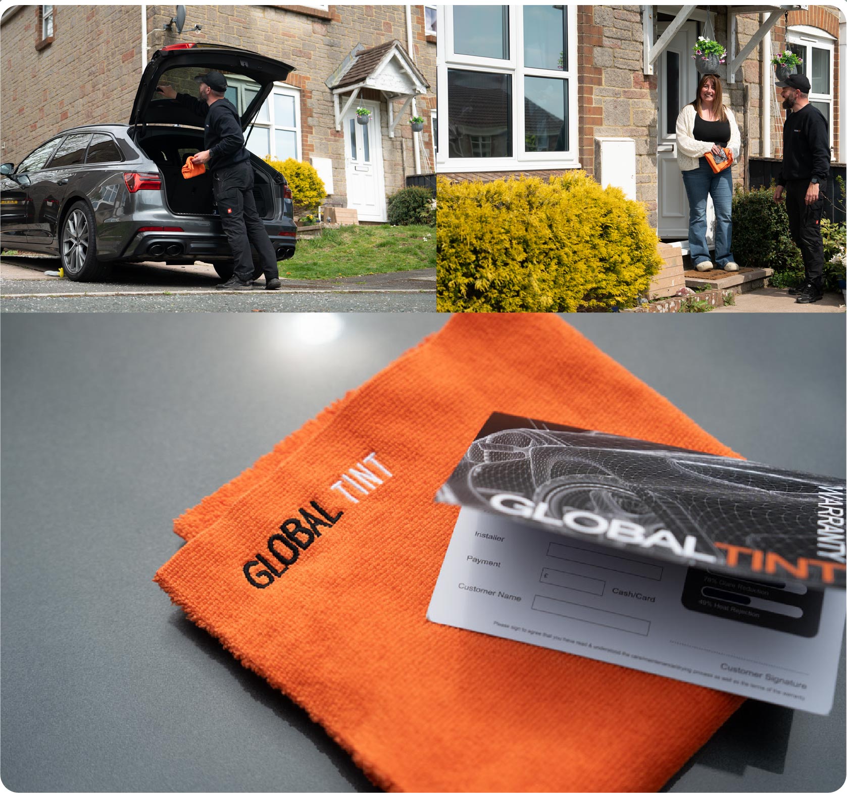A Global Tint warranty card and cleaning cloth