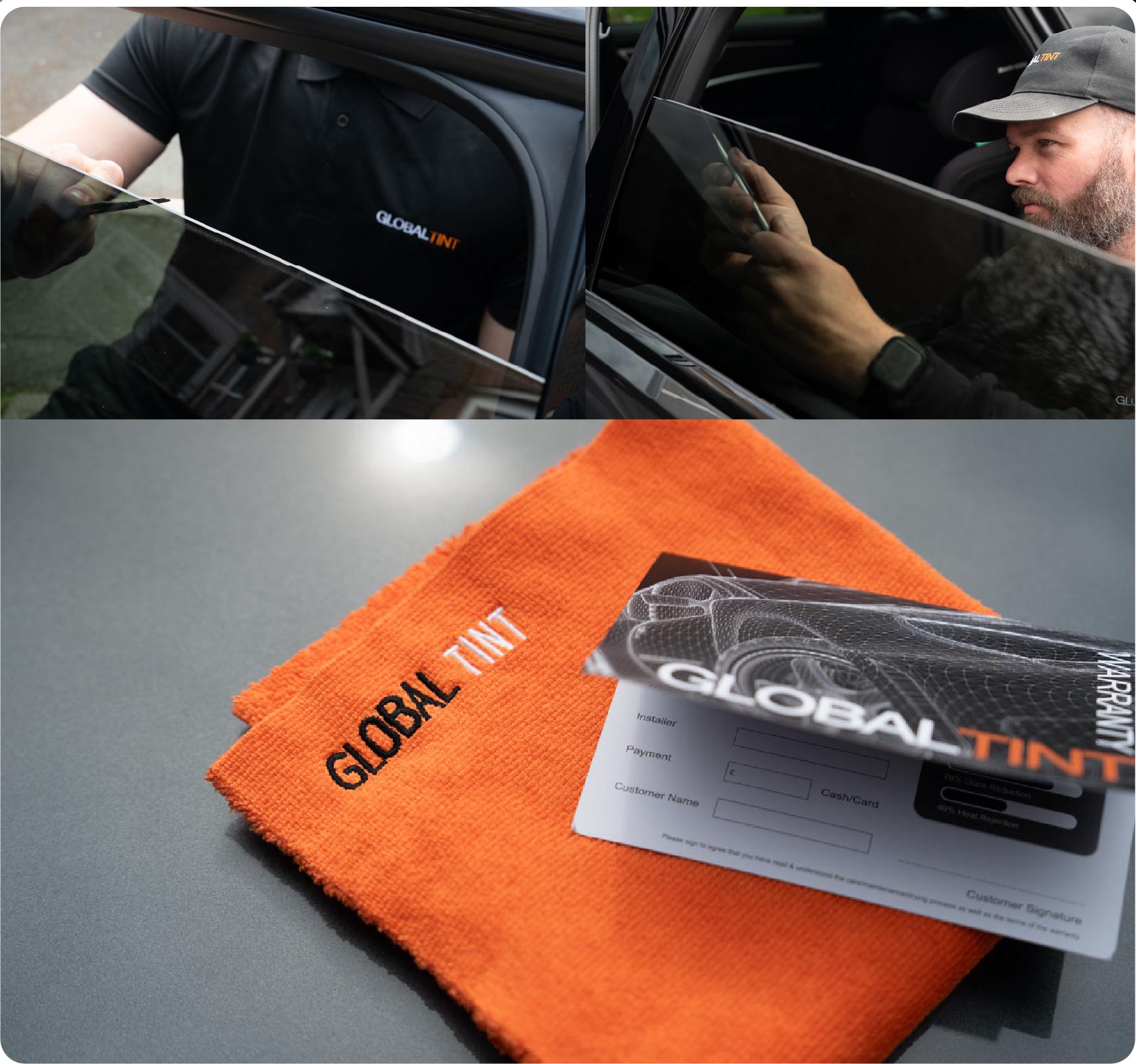 A Global Tint warranty card and cleaning cloth