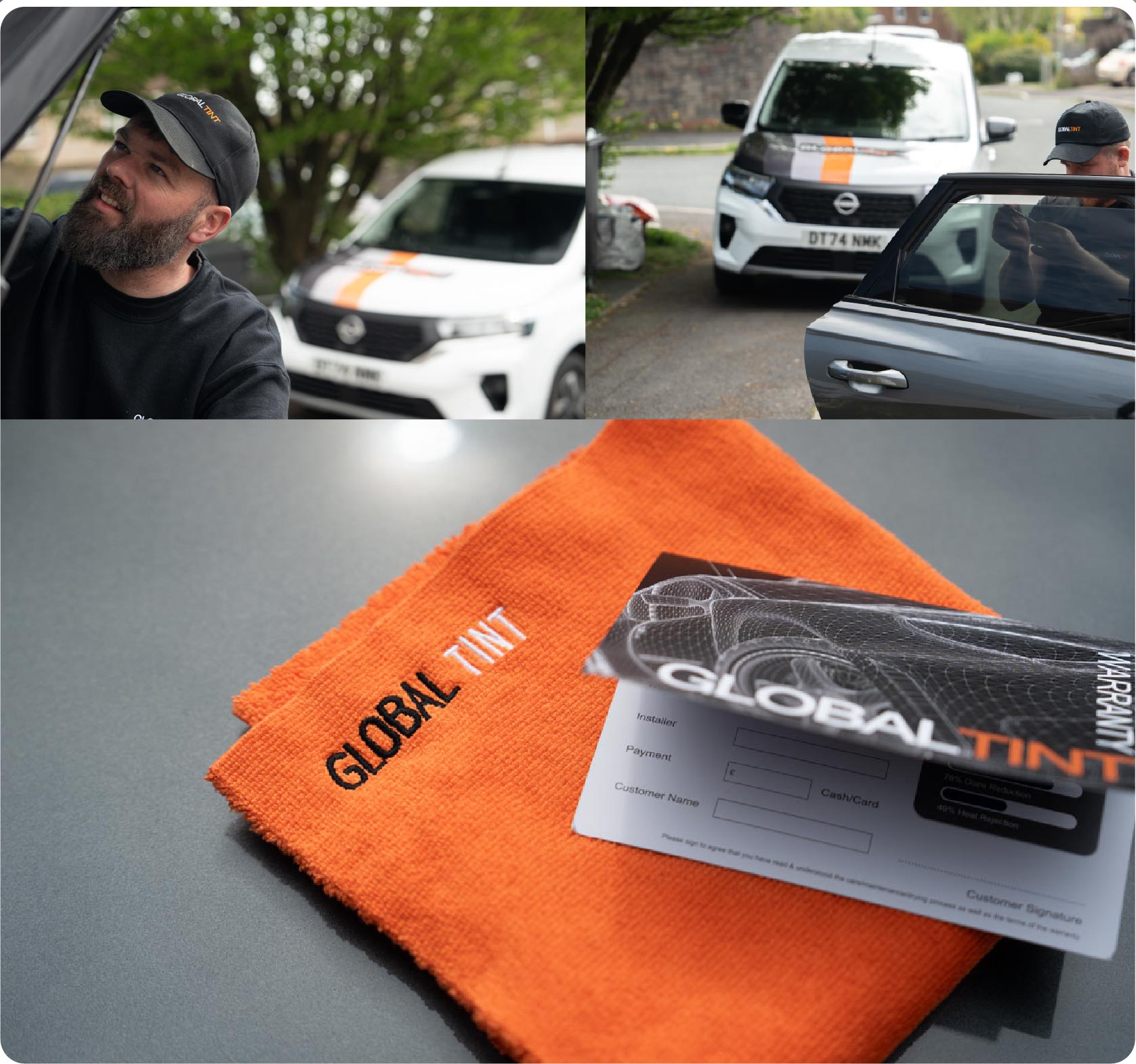 A Global Tint warranty card and cleaning cloth