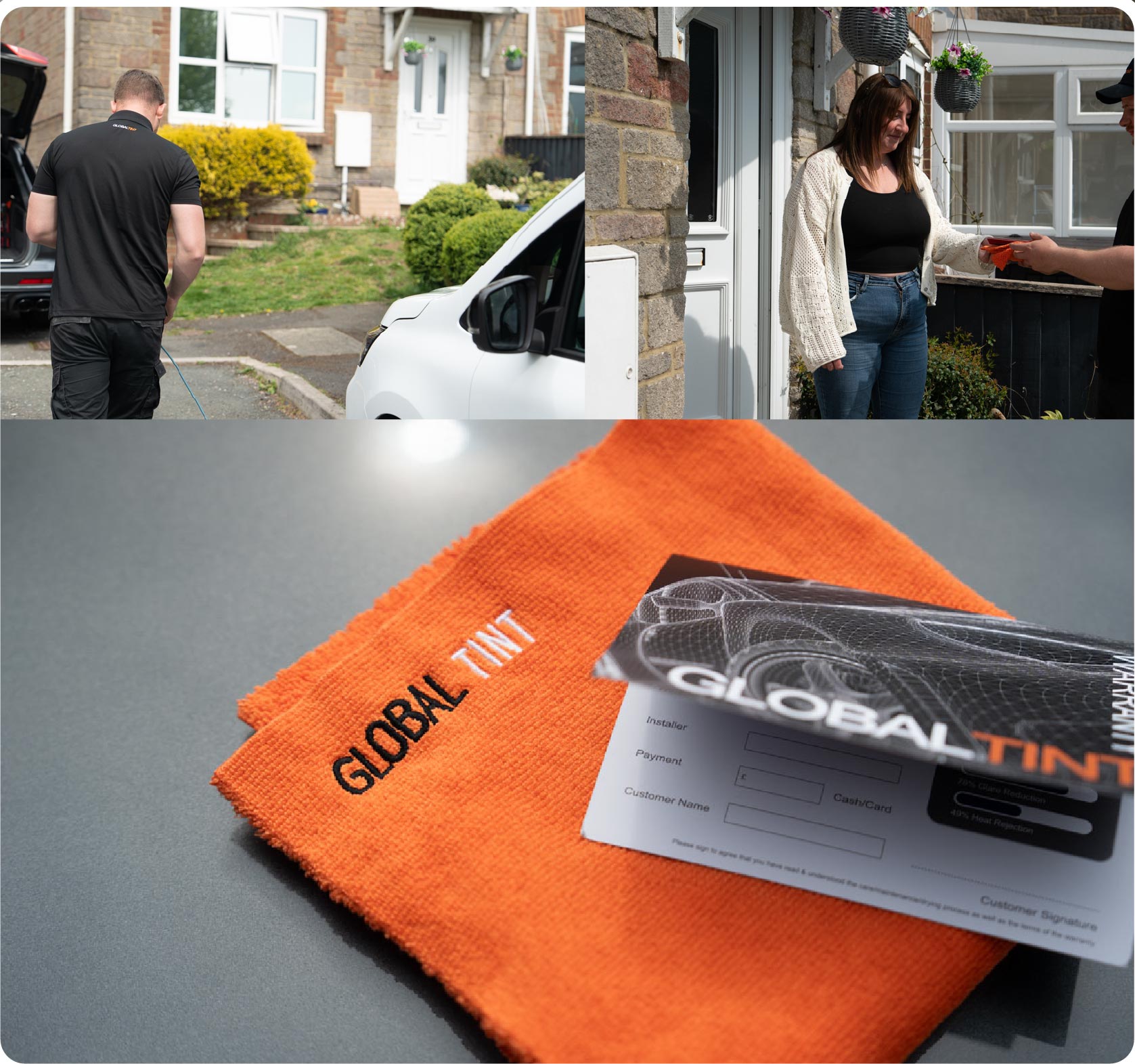 A Global Tint warranty card and cleaning cloth