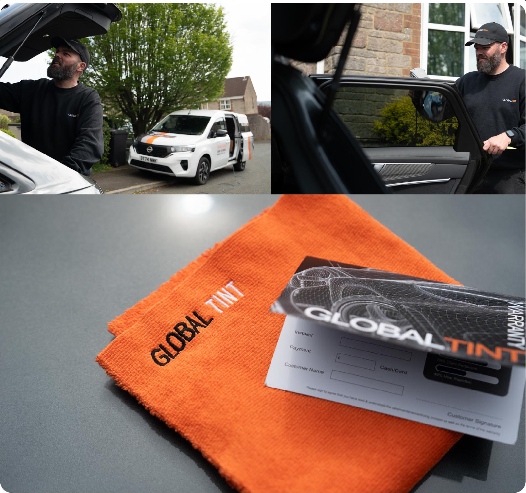A Global Tint warranty card and cleaning cloth