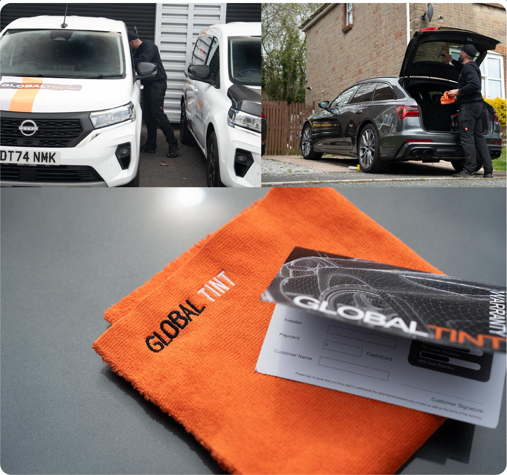 A Global Tint warranty card and cleaning cloth