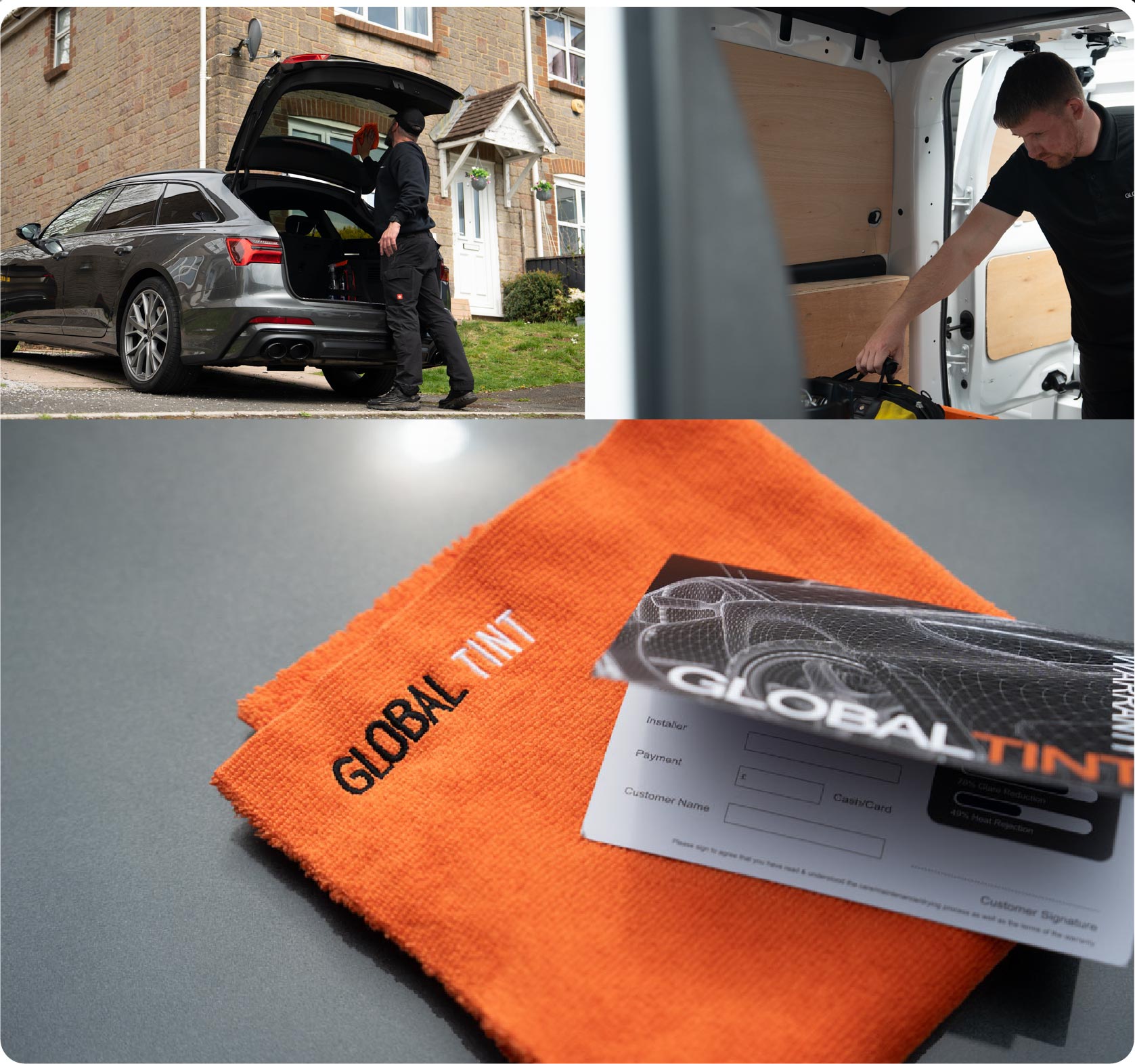 A Global Tint warranty card and cleaning cloth