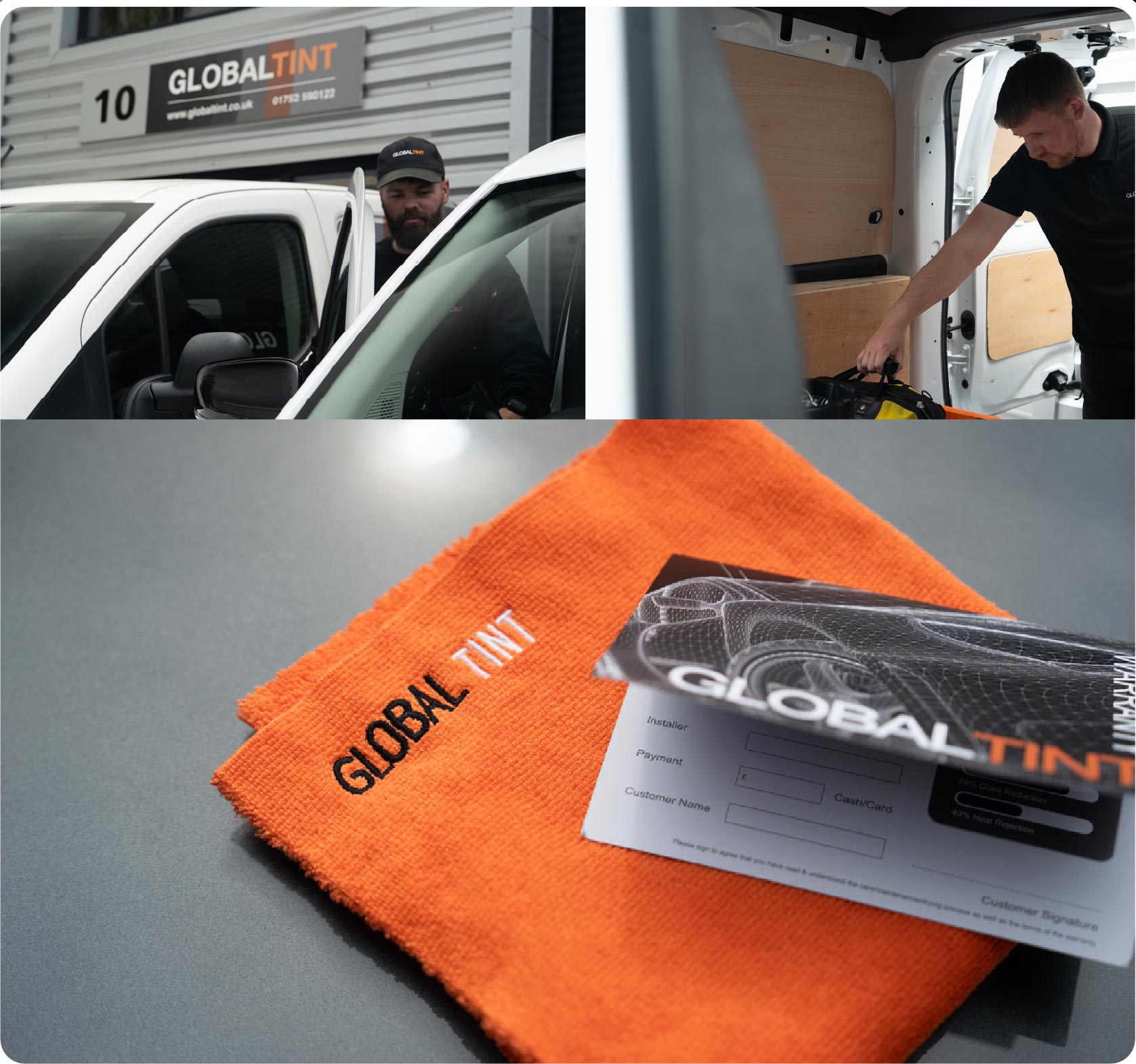 A Global Tint warranty card and cleaning cloth