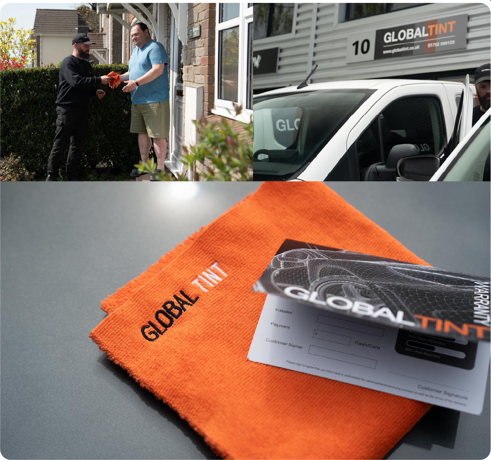 A Global Tint warranty card and cleaning cloth