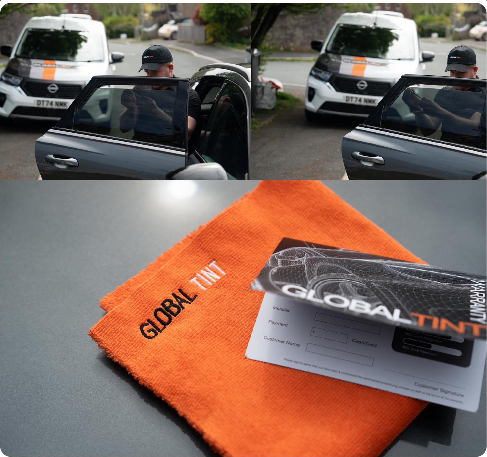 A Global Tint warranty card and cleaning cloth