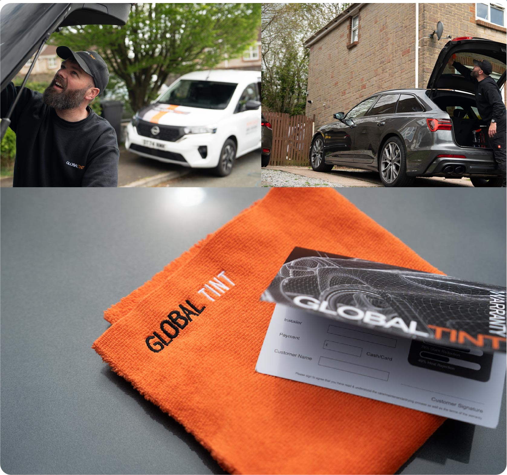 A Global Tint warranty card and cleaning cloth