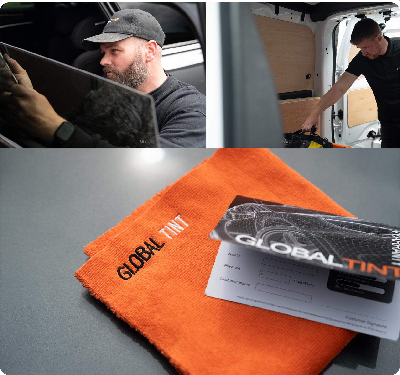 A Global Tint warranty card and cleaning cloth