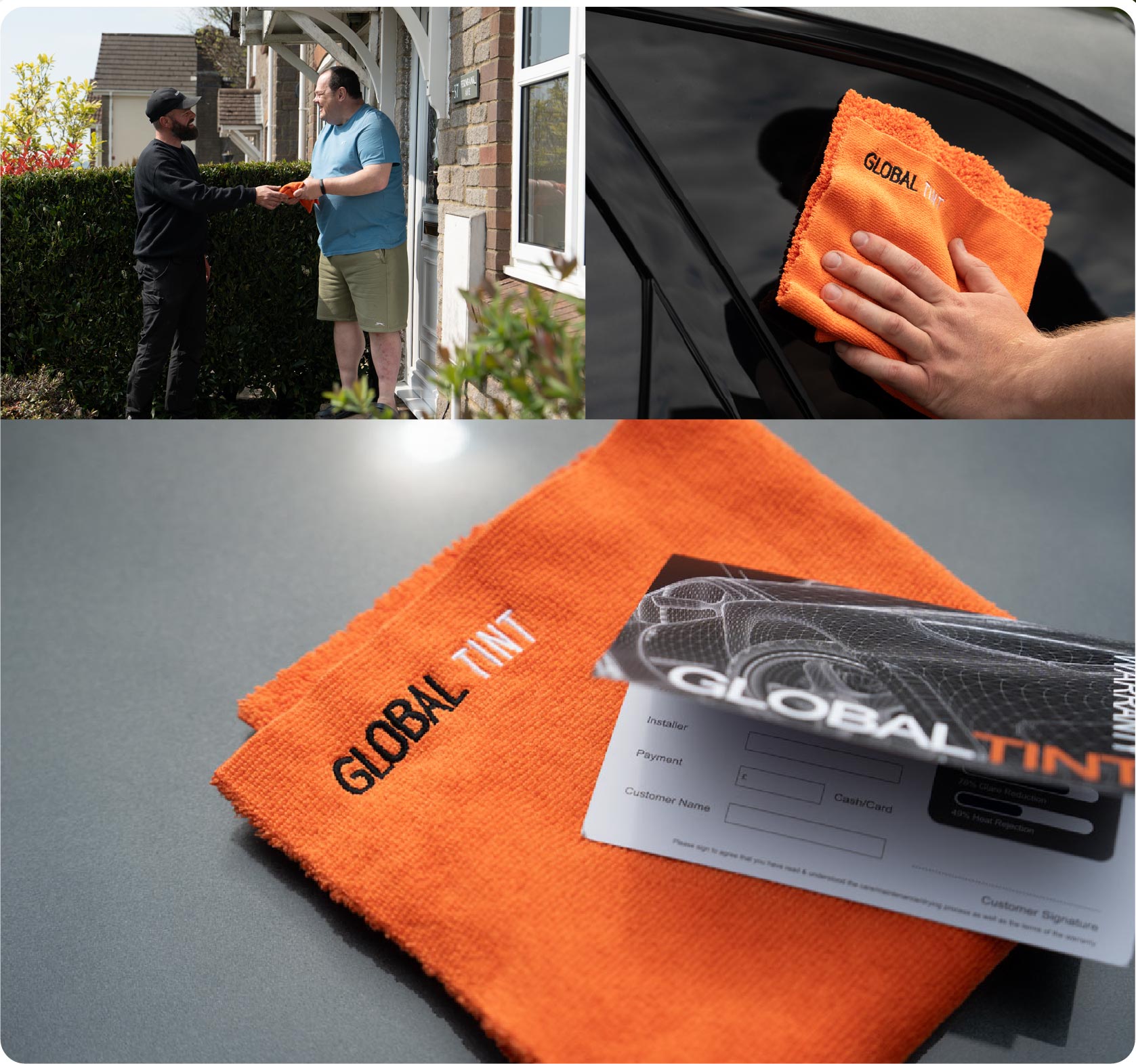 A Global Tint warranty card and cleaning cloth