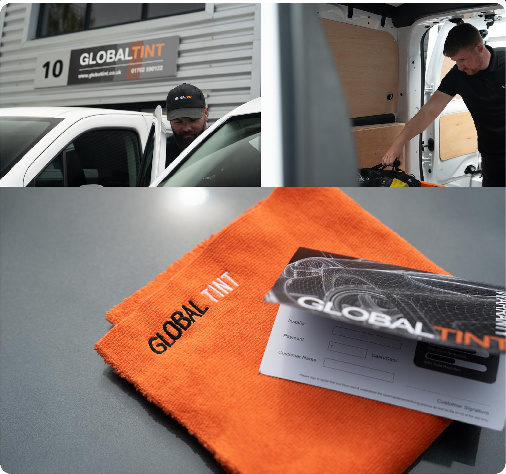 A Global Tint warranty card and cleaning cloth