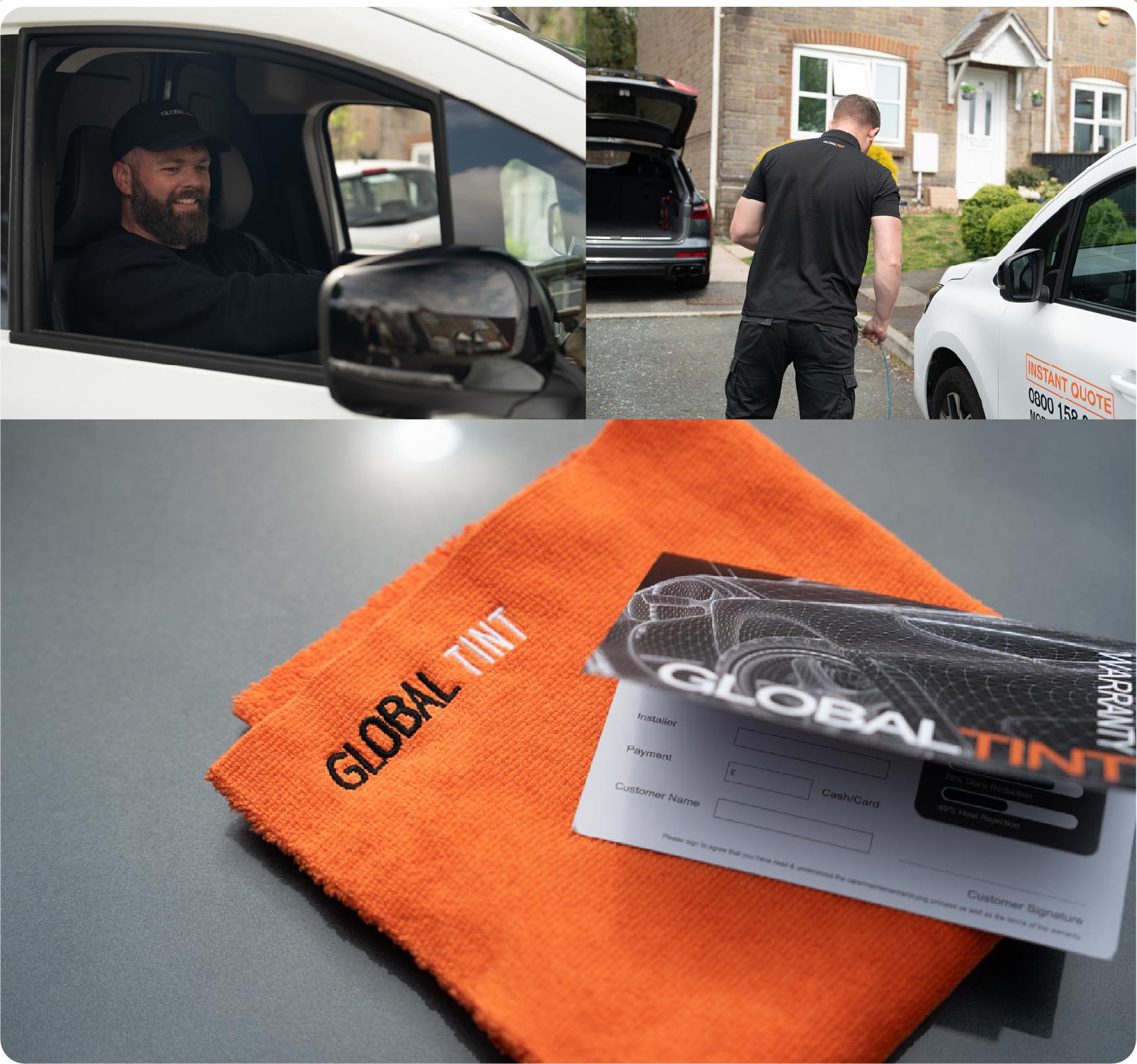 A Global Tint warranty card and cleaning cloth